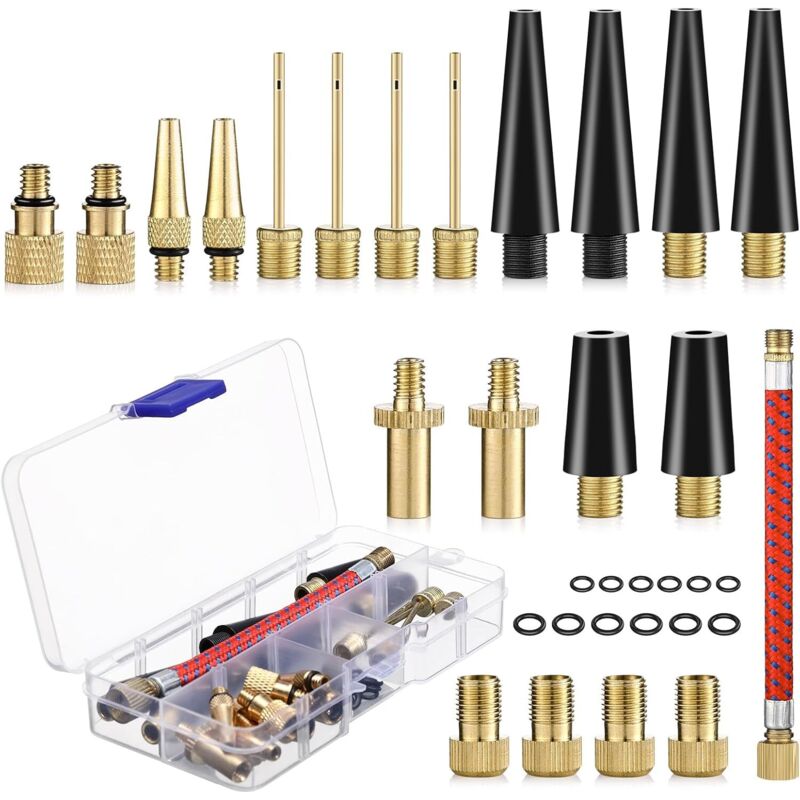 33-teiliges Aufblasdüsen-set – Av-, Sv- Und Dv-adapter – Aufblasschlauch Und Aufbewahrungskoffer – Langlebige Und Korrosionsbeständige Materialien