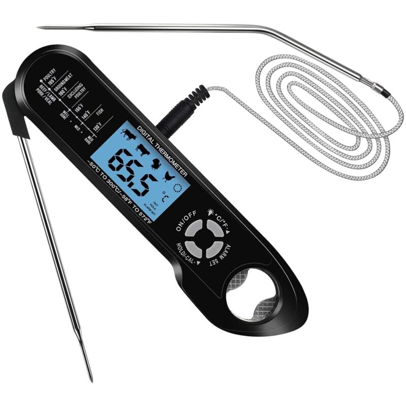 Fleischthermometer, Digitales Lebensmittelthermometer Mit Sofortanzeige, Zwei Messfühlern, Hintergrundbeleuchtetem Lcd-display, Temperaturalarm Und Korkenzieherfunktion.