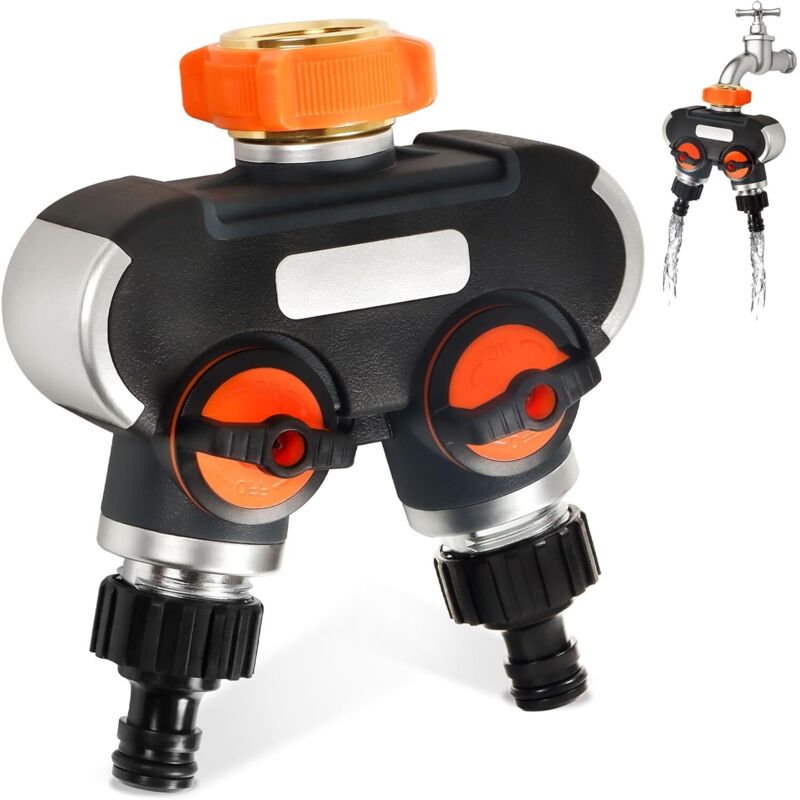 2-wege-verteiler – 3/4"- Und 1/2"-wasserverteiler Mit Absperrventil Zum Gleichzeitigen Anschluss Von 2 Geräten, Einstellbarer Wasserdurchfluss, Adapter Für Die Gartenbewässerung