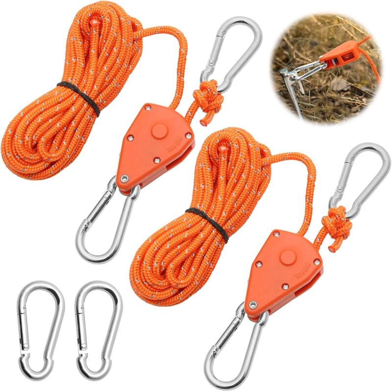2 Stück Verstellbares Ratschenseil 4 M, Orange 1/8 Ratschenrolle Mit 2 Ersatzhaken, Reflektierender Ratschenseilspanner Für Lampen, Pflanzen, Zelte, Wandern