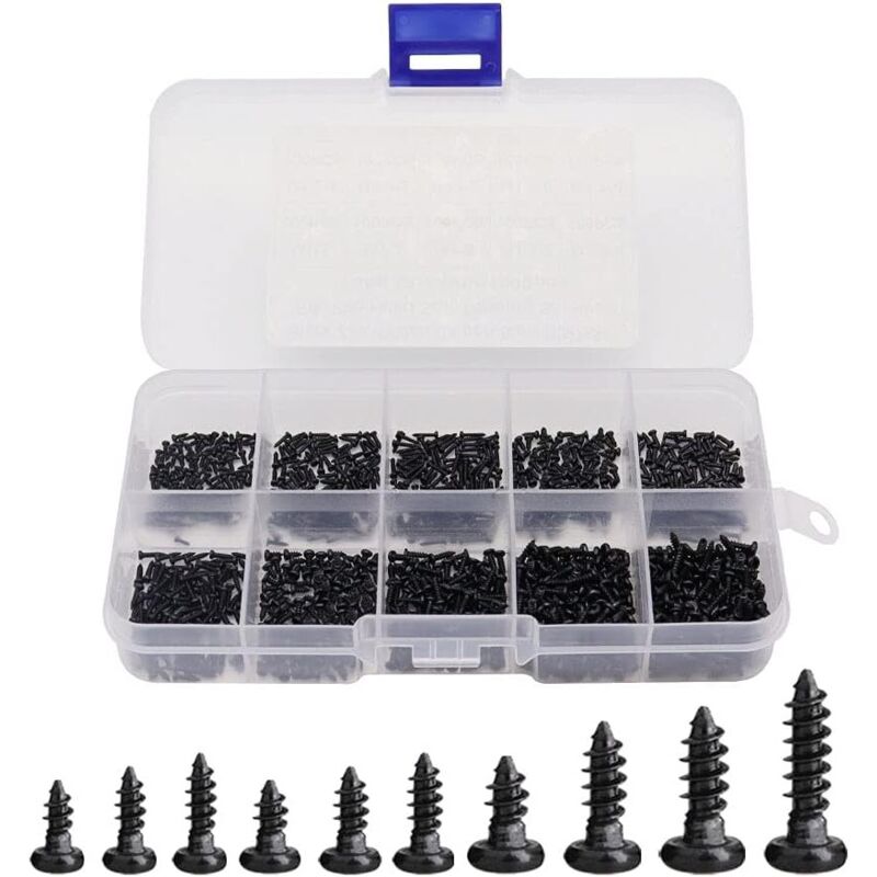 Packung Mit 1000 Mini-holzschrauben Mit Kreuzschlitz (selbstschneidend) – Kohlenstoffstahl – Rundkopf – Sortiment M1 Bis M1,7 – Aufbewahrungsbox Aus Kunststoff