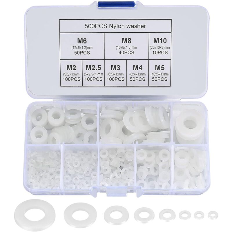 Packung Mit 500 Flachen Nylon-unterlegscheiben – 8 Größen M2 Bis M10 – Wärmedämmend Und Korrosionsbeständig – Inklusive Aufbewahrungsbox