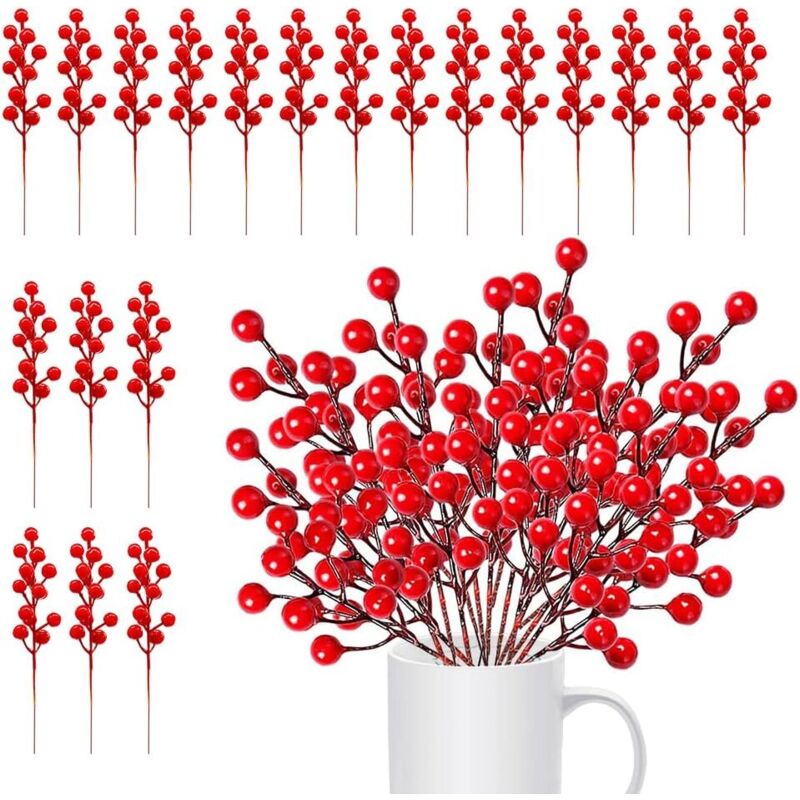 20 Künstliche Rote Weihnachtsbeeren, Rote Beerenzweige, Künstliche Stechpalmenbeeren, Künstliche Rote Kunststoffbeeren, Kleine Rote Beerenstiele Für Weihnachtsbaum, Kranz, Hochzeit