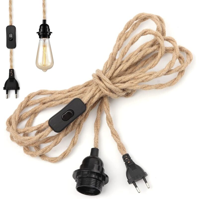 Hanfseil-kronleuchterkabel 4,5 M, E27-fassung, Schalterkabel, Für Diy-industrie-pendelleuchten, Vintage-elektrokabel (leuchtmittel Nicht Enthalten)