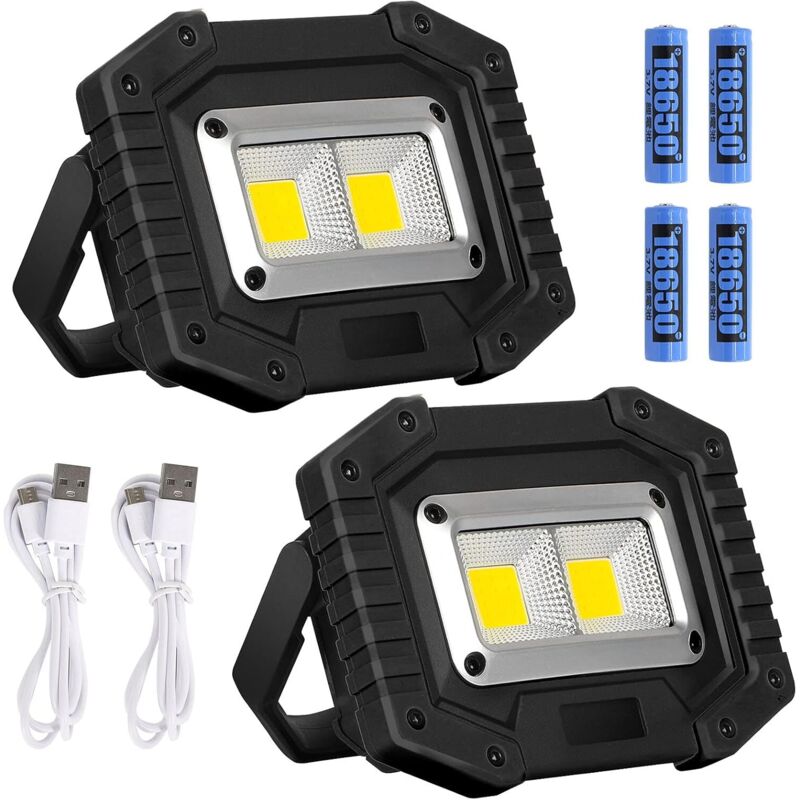 30w 2000lm Wiederaufladbarer Led-fluter, 3 Modi, Cob Wasserdicht Akkubetriebene Camping-arbeitsleuchte Zum Angeln, Wandern (2 Stück, Schwarz)... [energieklasse