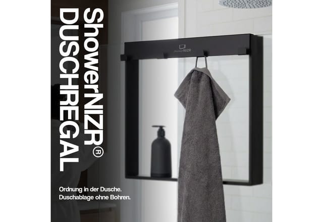 ShowerNIZR® Duschregal Obsidian Black - Duschablage ohne Bohren für Duschwand zum Hängen aus Edelstahl mit 4 Haken