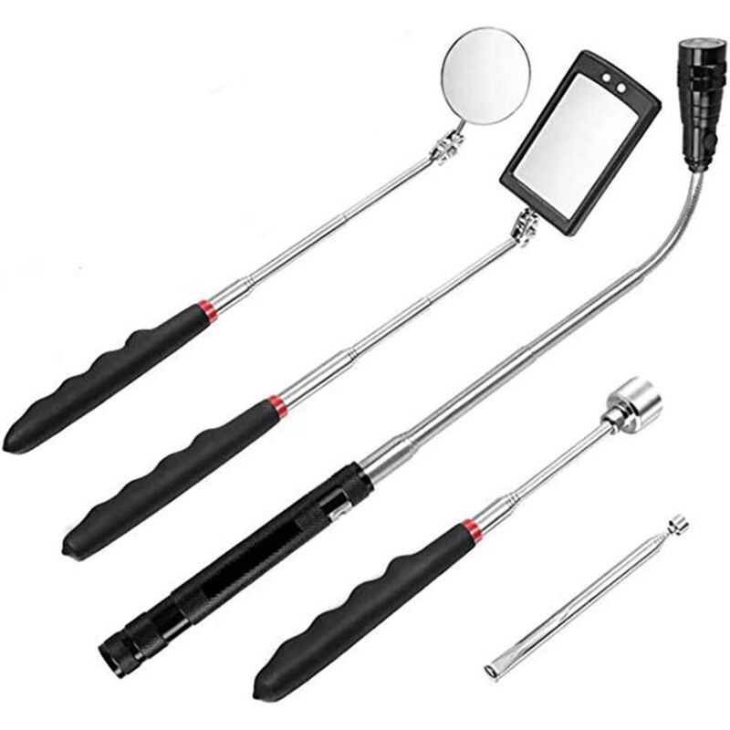 5-teiliges Magnetisches Greifer-set, Bestehend Aus Einem 1,5/20-pfund-magnetheber Und Einem Quadratischen/runden Inspektionsspiegel, Mit Led-leuchte Und Um 360° Drehbarem Teleskopgriff. Inklusive Box