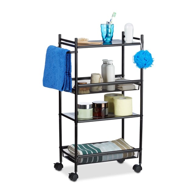 Rollregal schmal aus Metall, 4 Etagen Nischenwagen für Büro, Standregal mit Rollen HxBxT: 81x25x50 cm, schwarz - Relaxdays