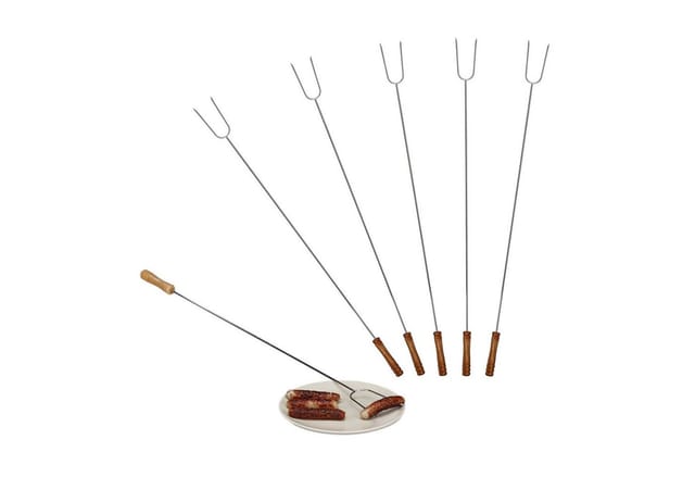 Grillspieße, 6er Set, Holzgriff, Sicherer Abstand, Lagerfeuer, Universal, 80 cm lang, Edelstahl, Silber/Natur - Relaxdays