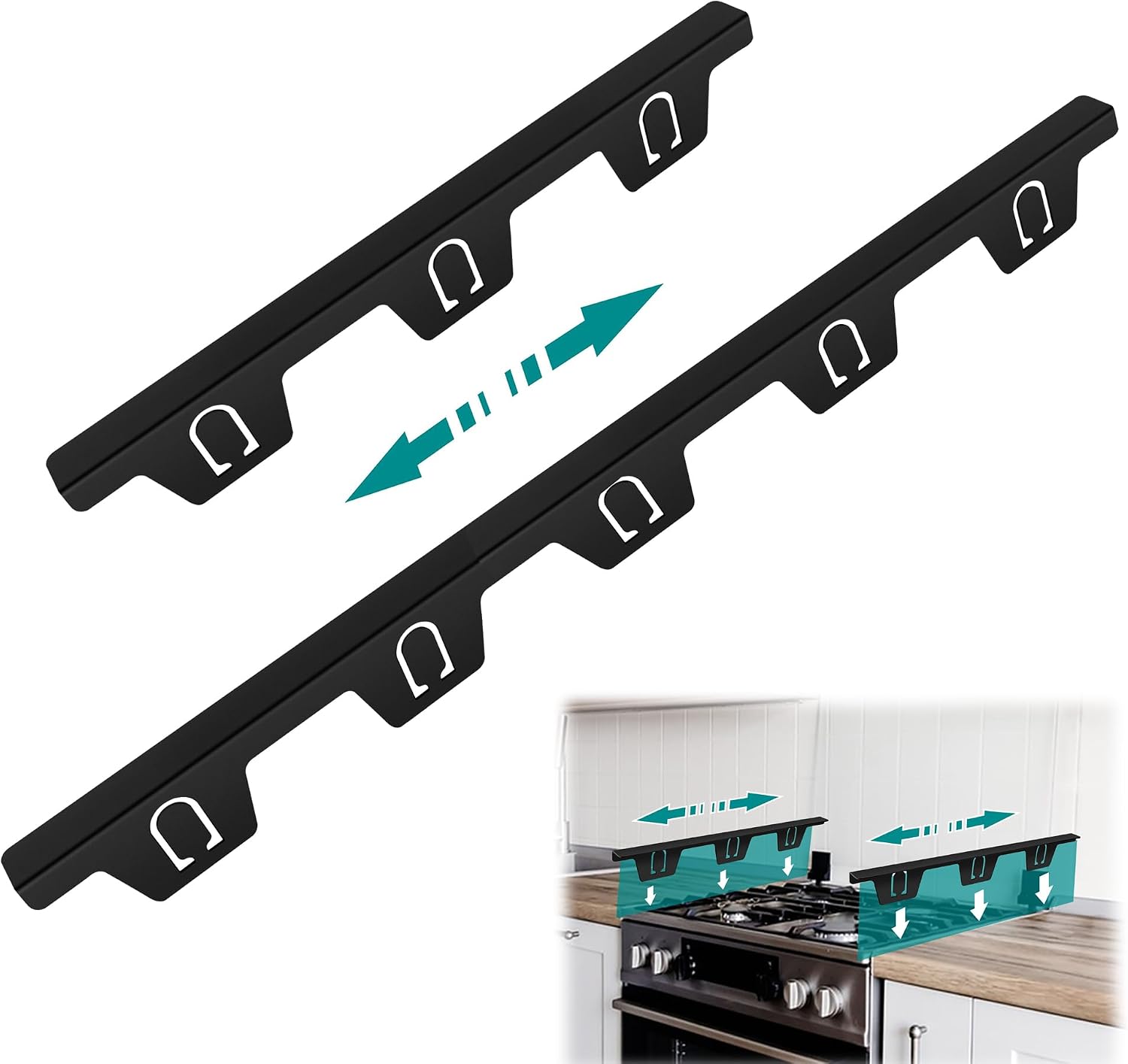 Set Mit 4 Edelstahl-dichtungsabdeckungen Für Küchenherde, Arbeitsplatten Und Kochfelder. Ausziehbar Von 365 Mm Bis 730 Mm (schwarz).