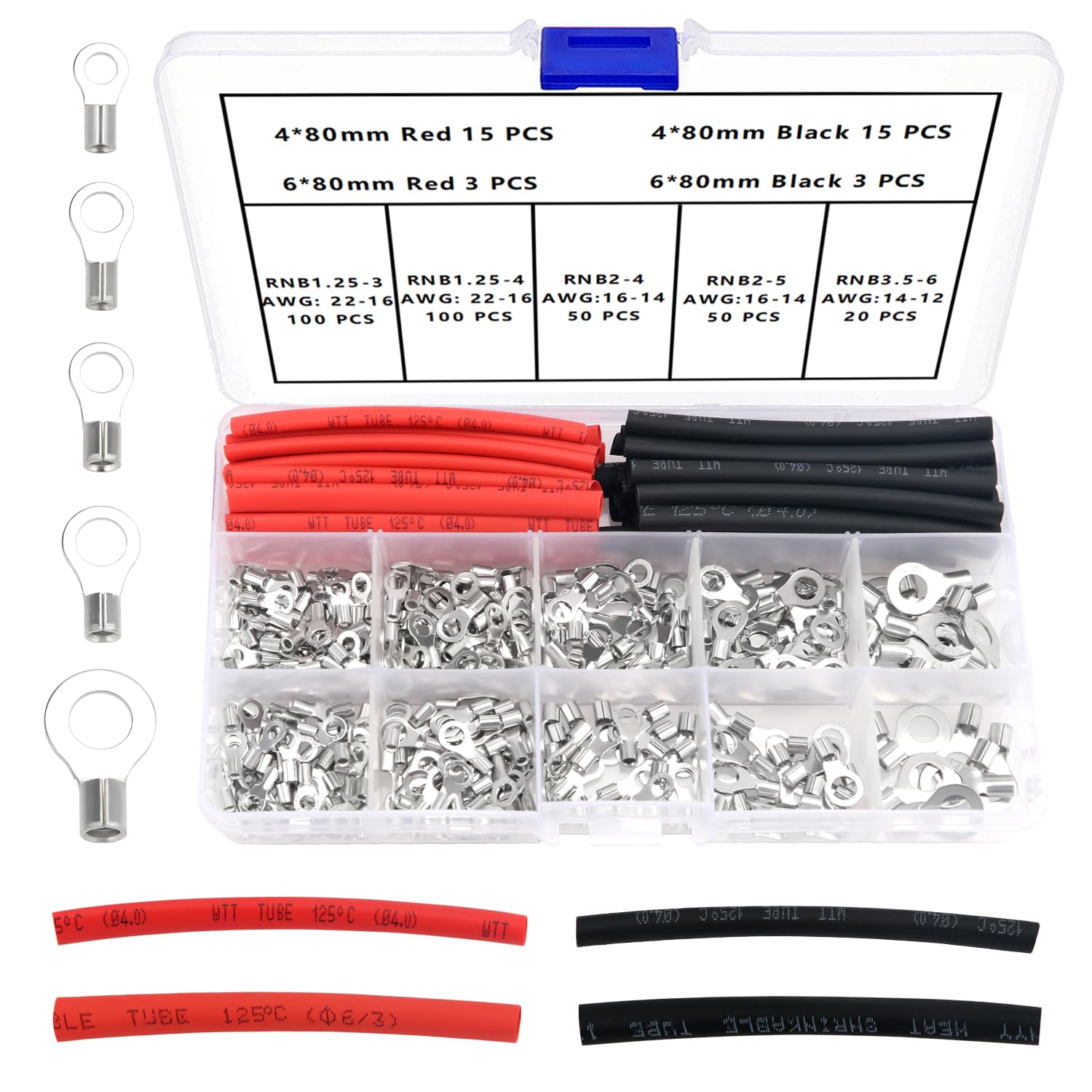 356-teiliges Set Unisolierter M3/m4/m5/m6-crimpverbinder, Verzinnte Kupferkabelschuhe, Ringösen-crimpverbinder, Mit Schrumpfschlauch, Awg 22–16, 16–14, 14–12