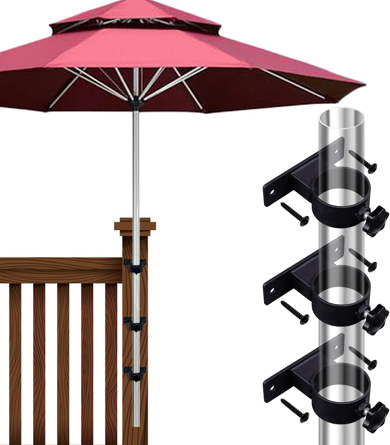 Set Mit 3 Klemmhalterungen Für Sonnenschirme, Sonnenschirmträger Für Terrasse, Geländer, Balkon Oder Hof – Schwarz