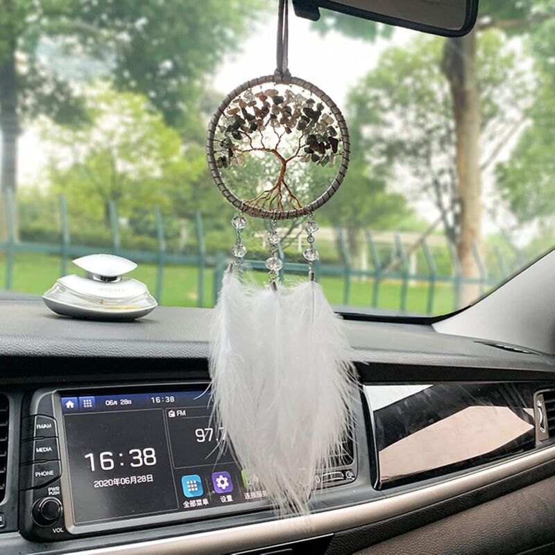 Traumfänger-auto-innenspiegel-anhänger Mit Kristallstein, Lebensbaum, Kleine Traumfänger, Auto-anhänger, Hängeaccessoires (weiß)