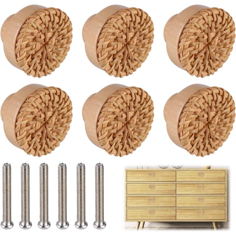 6er-set Möbelknöpfe Aus Rattan – Schubladengriffe Aus Naturholz – Bohème-design – Einfache Montage Mit Beiliegenden Schrauben