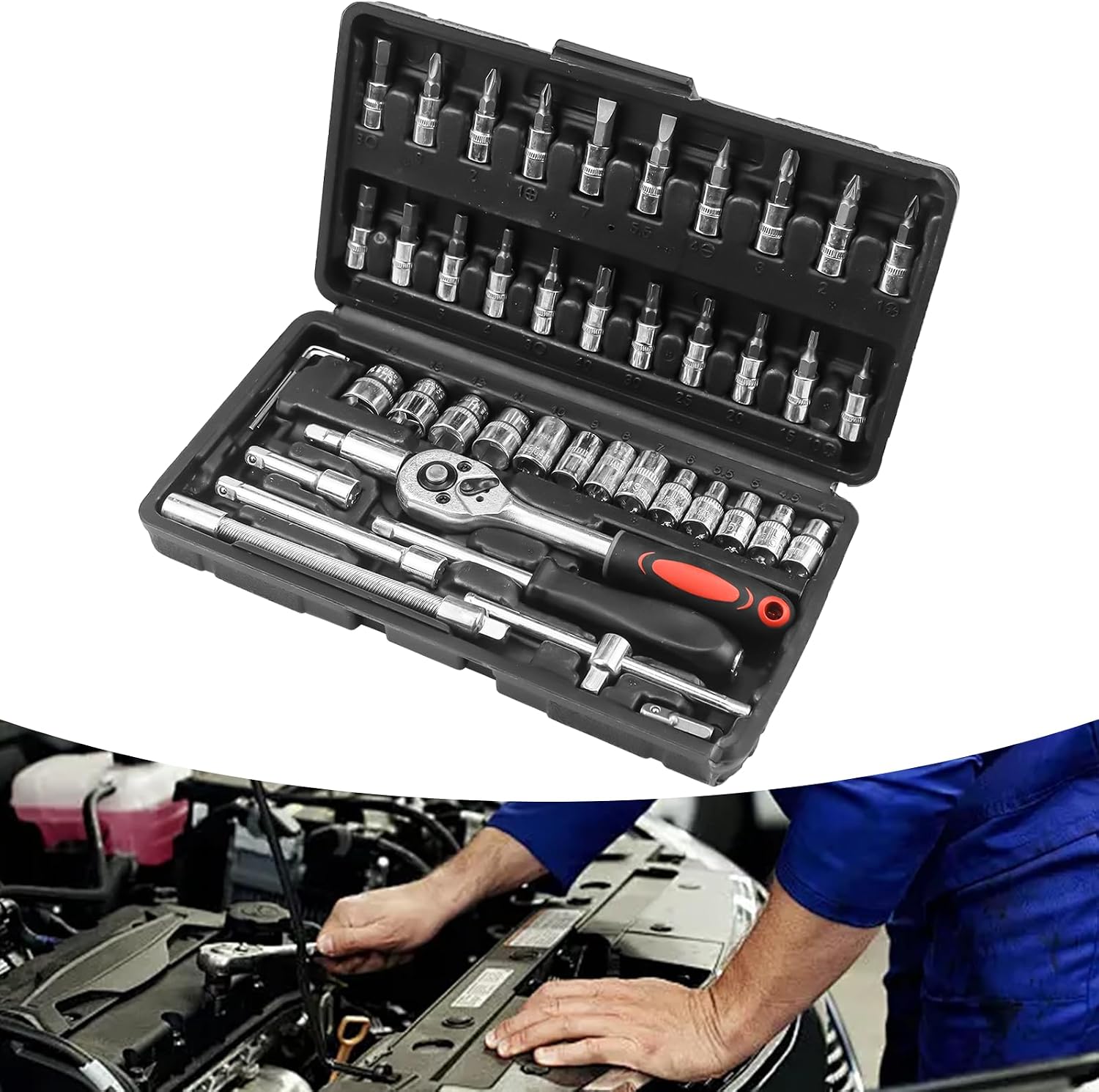 46-teiliger Ratschenschlüsselsatz, Steckschlüsselsatz, Ratschensteckschlüsselkasten, Verchromtes Ratschenreparaturset Für Heimwerkerarbeiten Und Andere Allgemeine Reparaturen