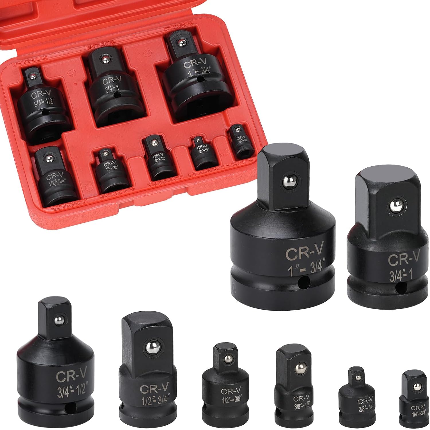 Adapterset 8-teilig 1/4" Auf 3/8", 3/8" Auf 1/4", 3/8" Auf 1/2", 1/2" Auf 3/8", 1/2" Auf 3/4", 3/4" Auf 1/2", 1" Auf 3/4", 3/4" Auf 1