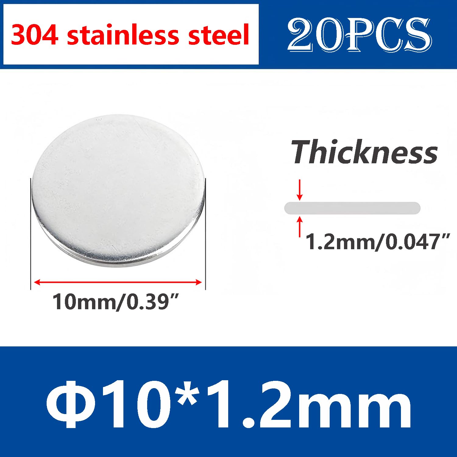 20 Runde Unterlegscheiben, Runde Metallplatte Aus Edelstahl 304, Durchmesser 10 Mm, Dicke 1,2 Mm