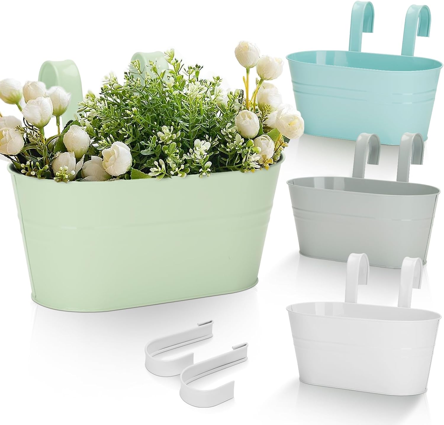 27 Cm Große, Hängende Metallblumentöpfe, 4er-set, Ideal Für Drinnen Und Draußen (balkon/zaun) – Mit Abnehmbaren Haken – Weiß