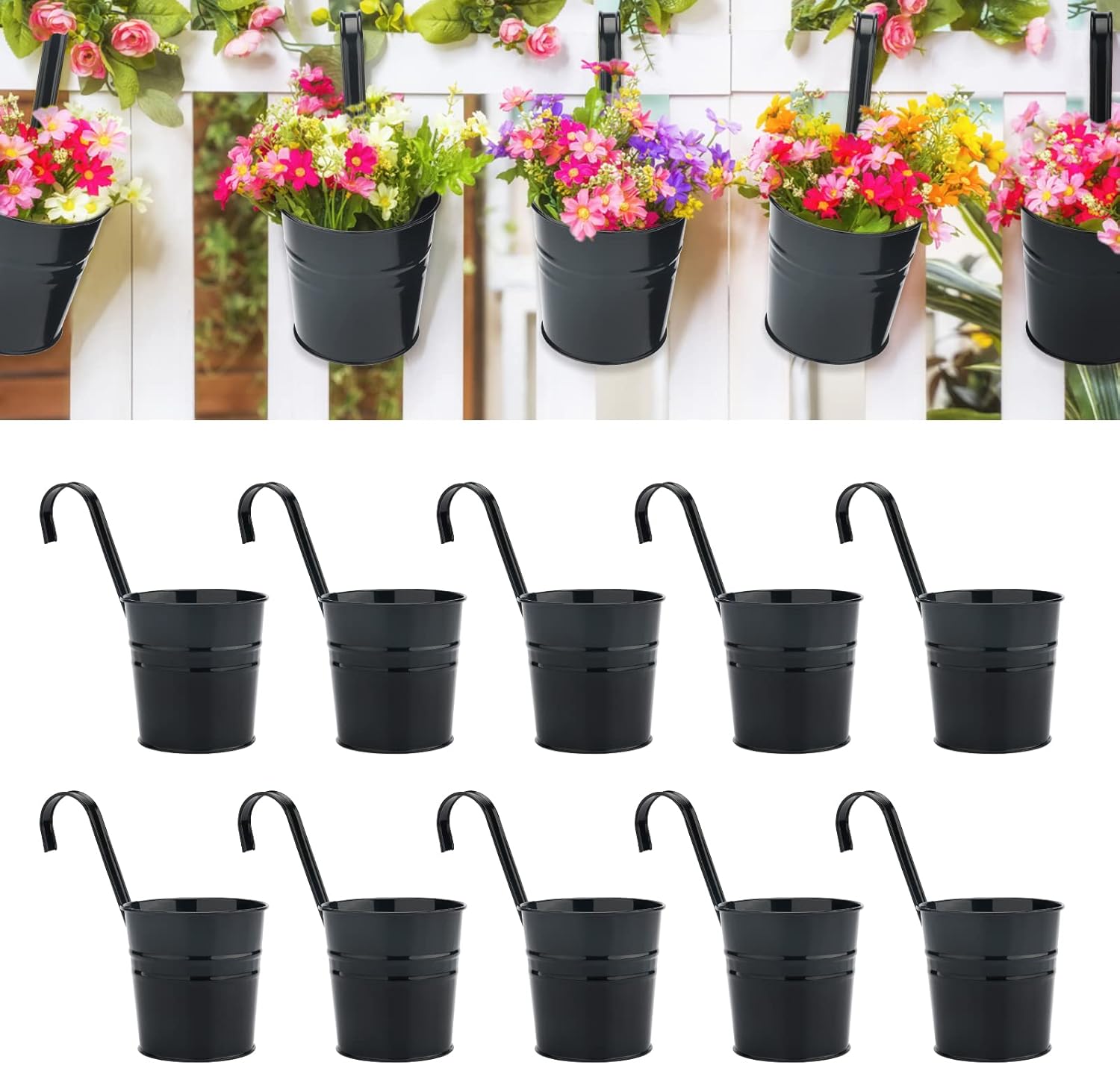 10er-set Hängende Metallblumentöpfe, 16 Cm, Für Den Innen- Und Außenbereich, Z. B. Auf Balkonen Und Zäunen – Mit Abnehmbaren Haken – Schwarz