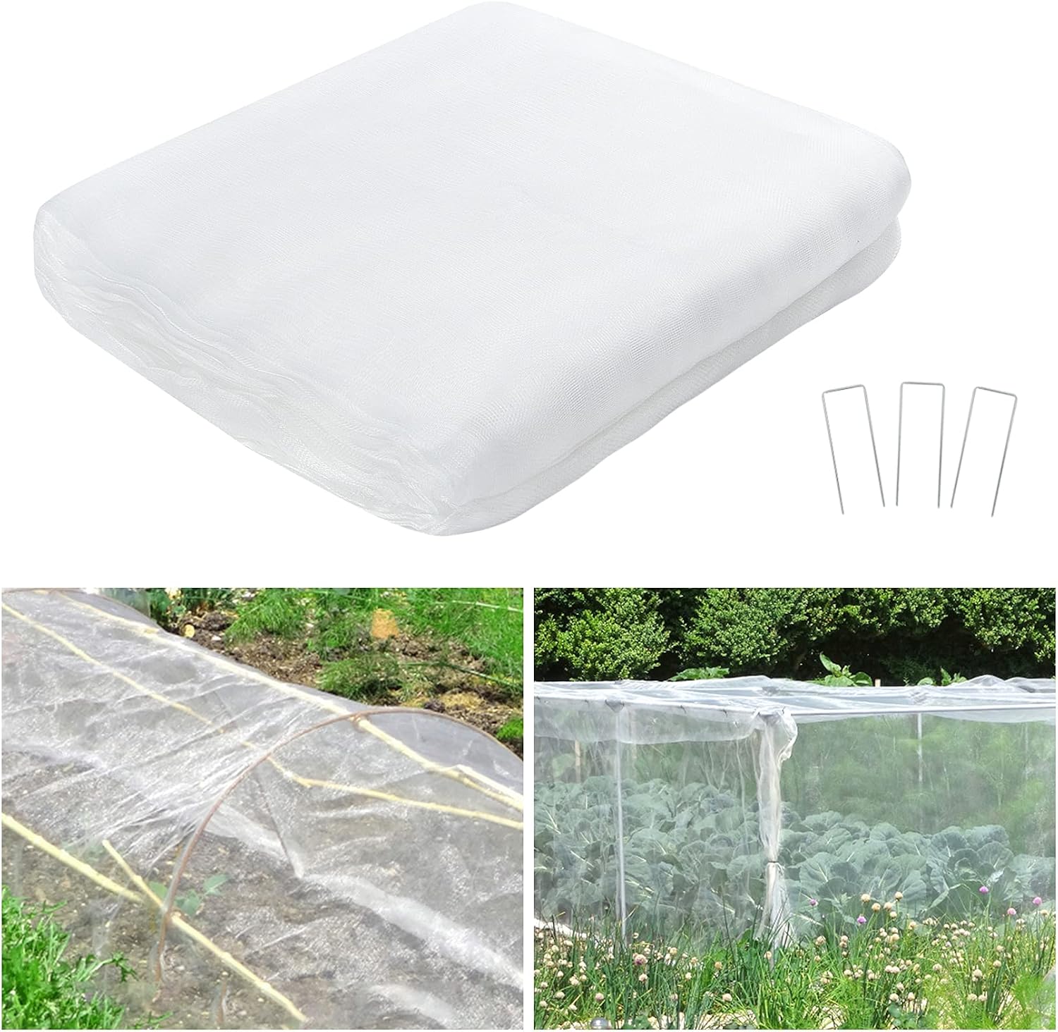 2x10m Insektennetz Mit 15 U-förmigen Nägeln, Gartennetz, Vogelschutznetz, Schutznetz Für Pflanzen, Blumen, Gemüse Und Obst (weiß, Maschenweite: 1mmx1mm)