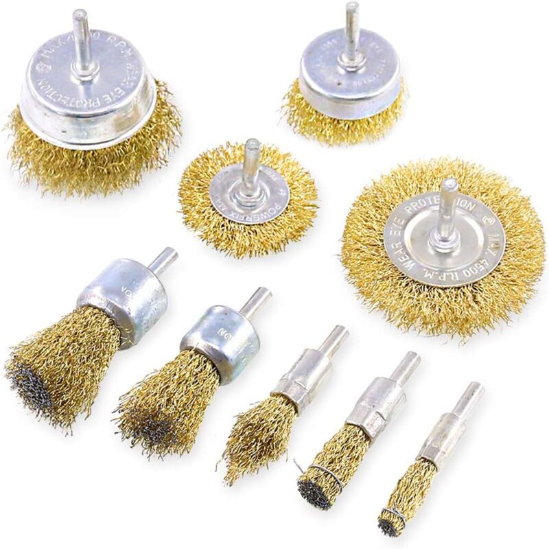 Set Mit 9 Messingbeschichteten Drahtbürsten Mit 6,35 Cm Langen Schäften In 9 Verschiedenen Größen. Ideal Zum Entfernen Von Rost, Korrosion Und Farbe.