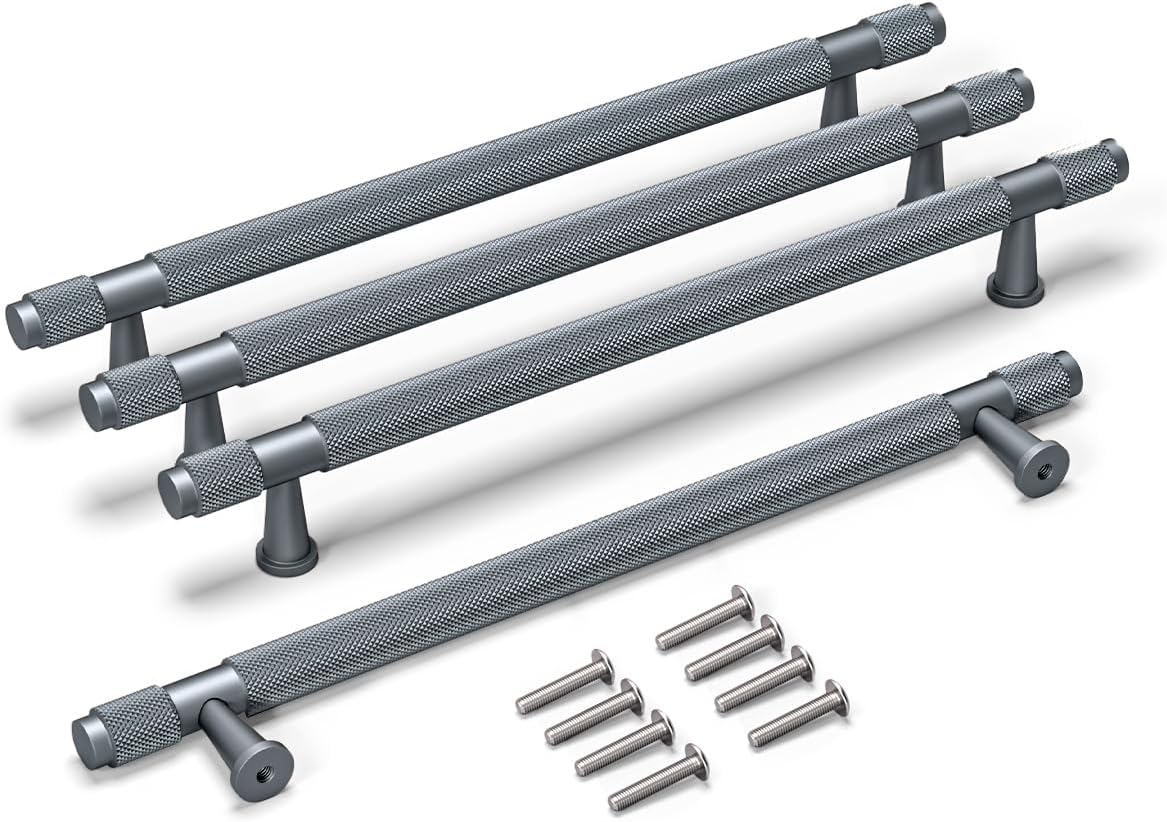 4 Stück 245 Mm Gerändelte, Grau Eloxierte Schrankgriffe, 192 Mm Loch-schrankknöpfe, Schrank-, Kleiderschrank-, Schubladengriffe