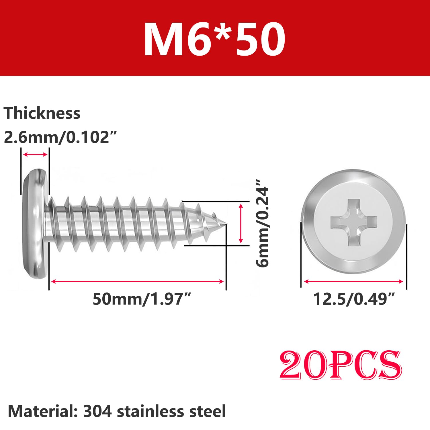 20 Selbstschneidende Schrauben, Edelstahl 304, Flachkopf-kreuzschlitzschrauben, M6 X 50 Mm, Befestigungselemente Für Heimmöbel Und Maschinen