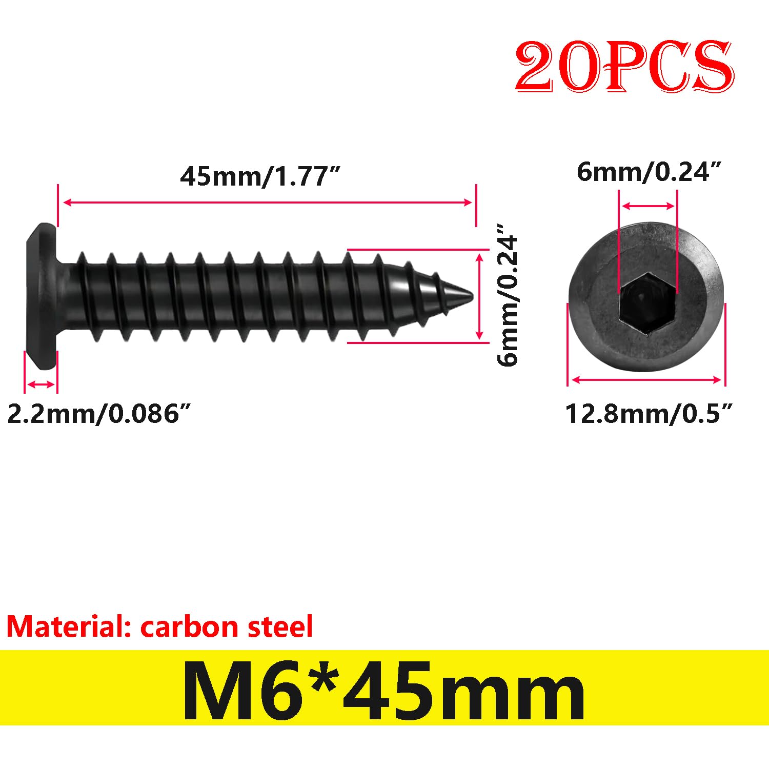 20 Stück M6x45 Mm Flachkopf-blechschrauben, Innensechskant-holzschrauben, Für Kunststoff, Holz, Metall, Schwarz