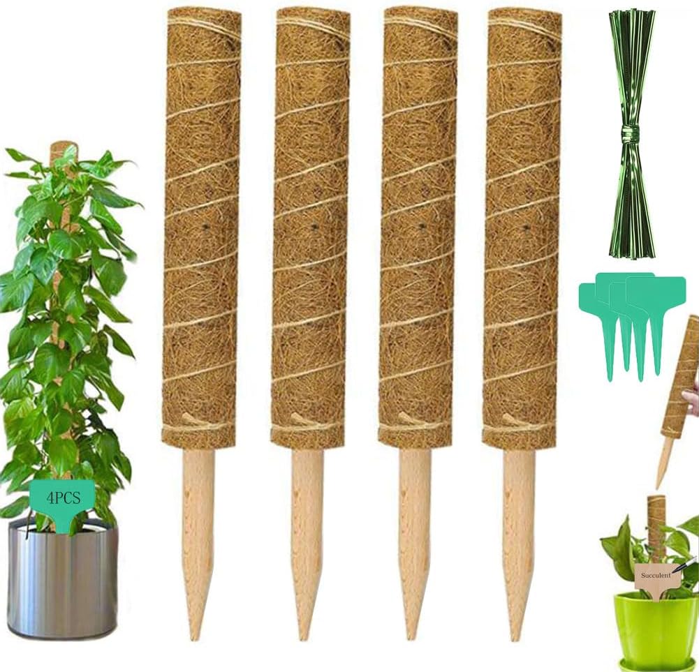 Kletterpflanzenstütze, 4-teilig, 30 Cm Lange Kokosnussstäbe Mit 4 Pflanzenetiketten Und 100 Pflanzenkabeln, Moosstab-stütze, Kokosfaser-pflanzenstütze