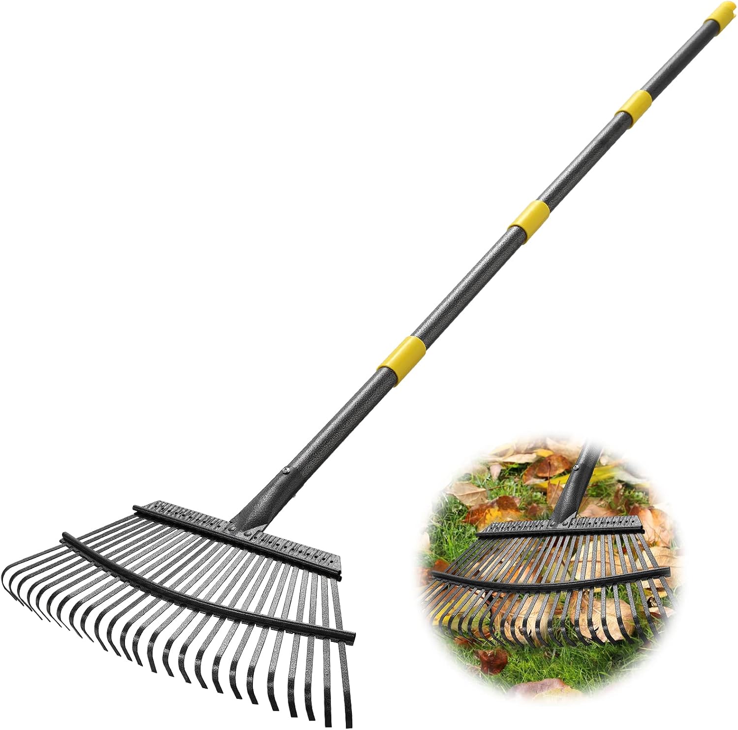 Gartenrechen, 160 Cm, Stabil, 25 Metallzinken, 45 Cm Breit, Verstellbarer Stahlgriff, Zum Sammeln Von Gartenabfällen Unter Blumenbeeten, Empfindlichen Pflanzen, Rasenflächen Und In Höfen