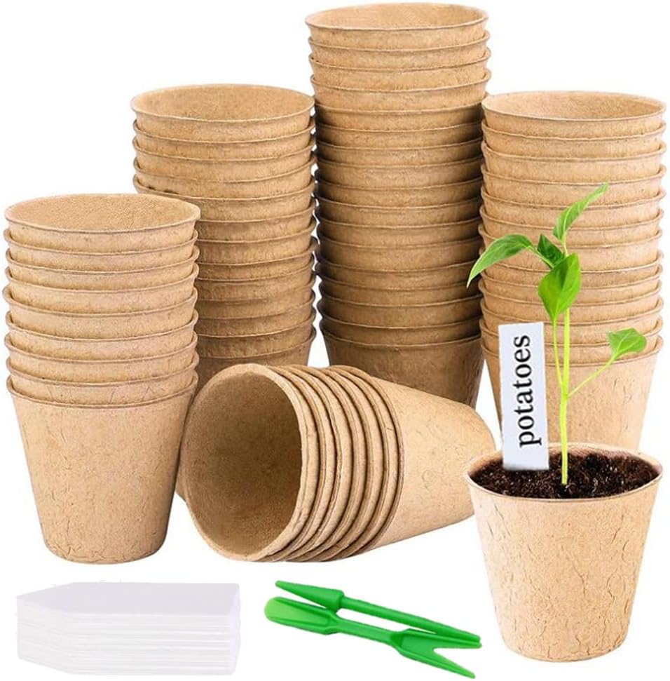 50 Biologisch Abbaubare Anzuchttöpfe, 8 Cm Runde Faser-veredelungsschalen, Anzuchttöpfe, Pflanztöpfe Mit 50 Pflanzenetiketten Und Einem Paar Gartenwerkzeugen Für Saatgut, Pflanzen, Blumen Und Gemüse