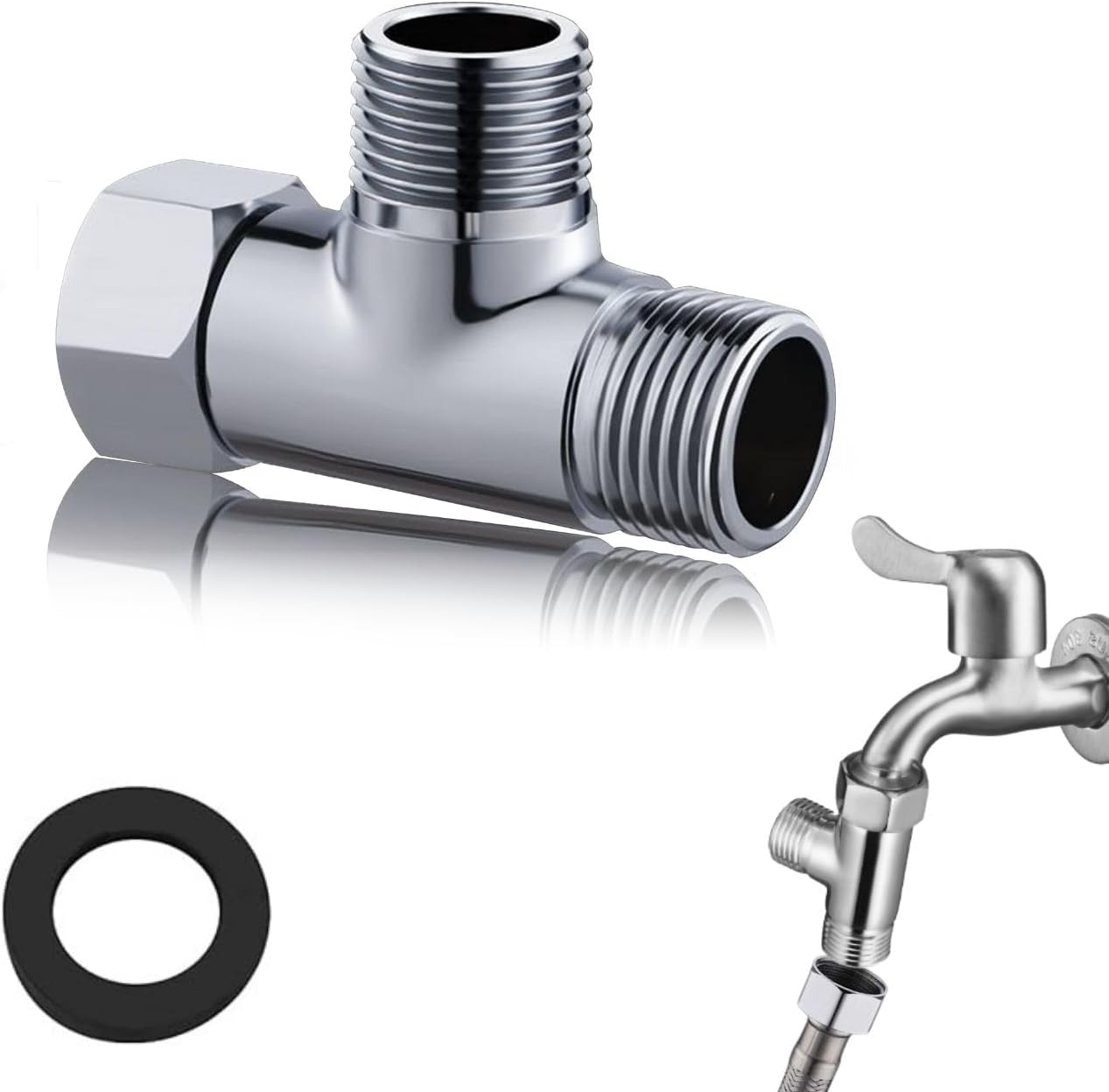 1/2"-messing-t-stück G1/2", 3-wege-t-stück Mit Unterlegscheiben, T-förmiger Adapter Für Trinkwasserhahn, Verchromt, 20 Mm