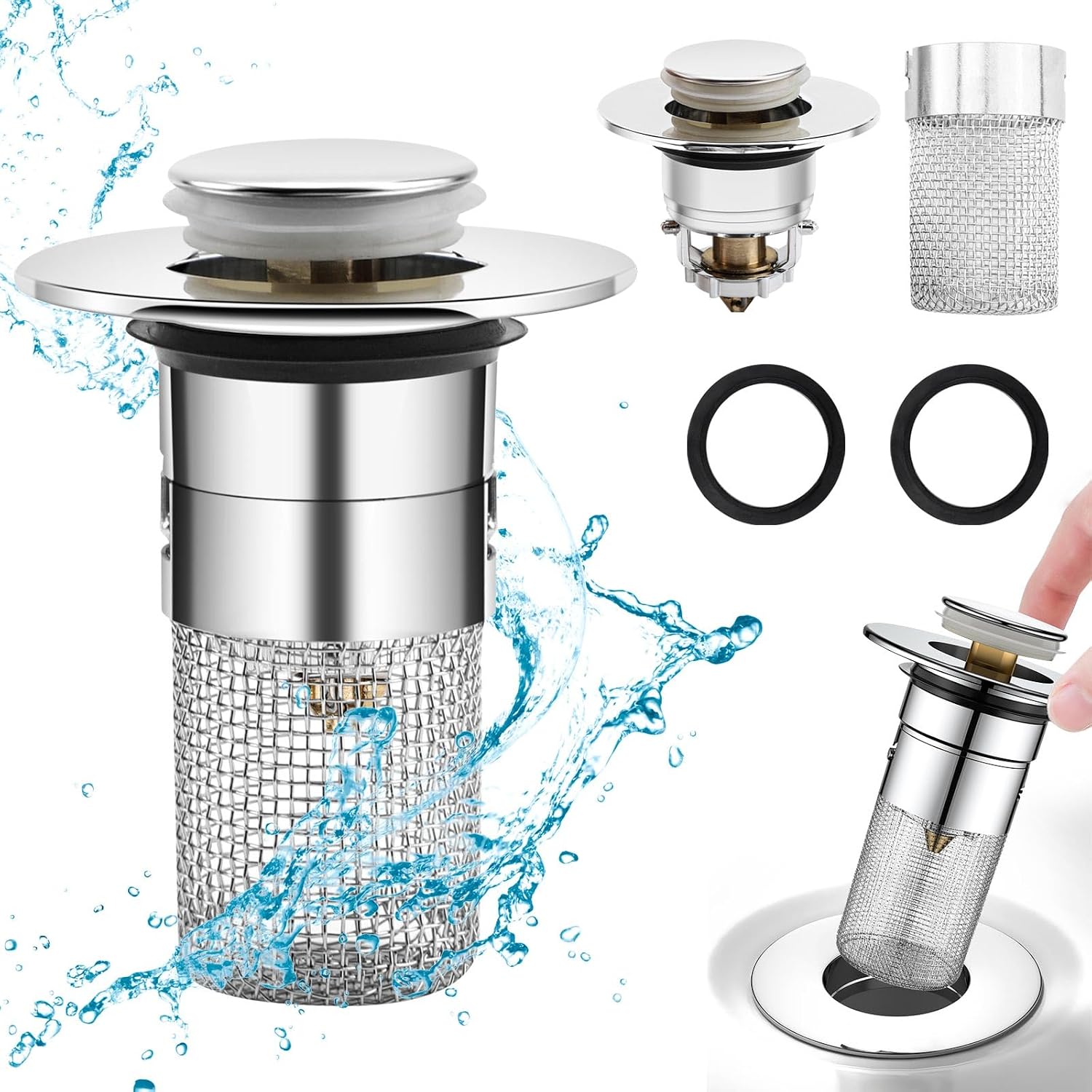 Pop-up-spülbeckenstöpsel Mit Sieb - Mit Sieb - Mit Haarfilter - Universell - Pop-up - Edelstahl - Mit Sieb Für Abflussrohre Mit 34 Bis 40 Mm Durchmesser