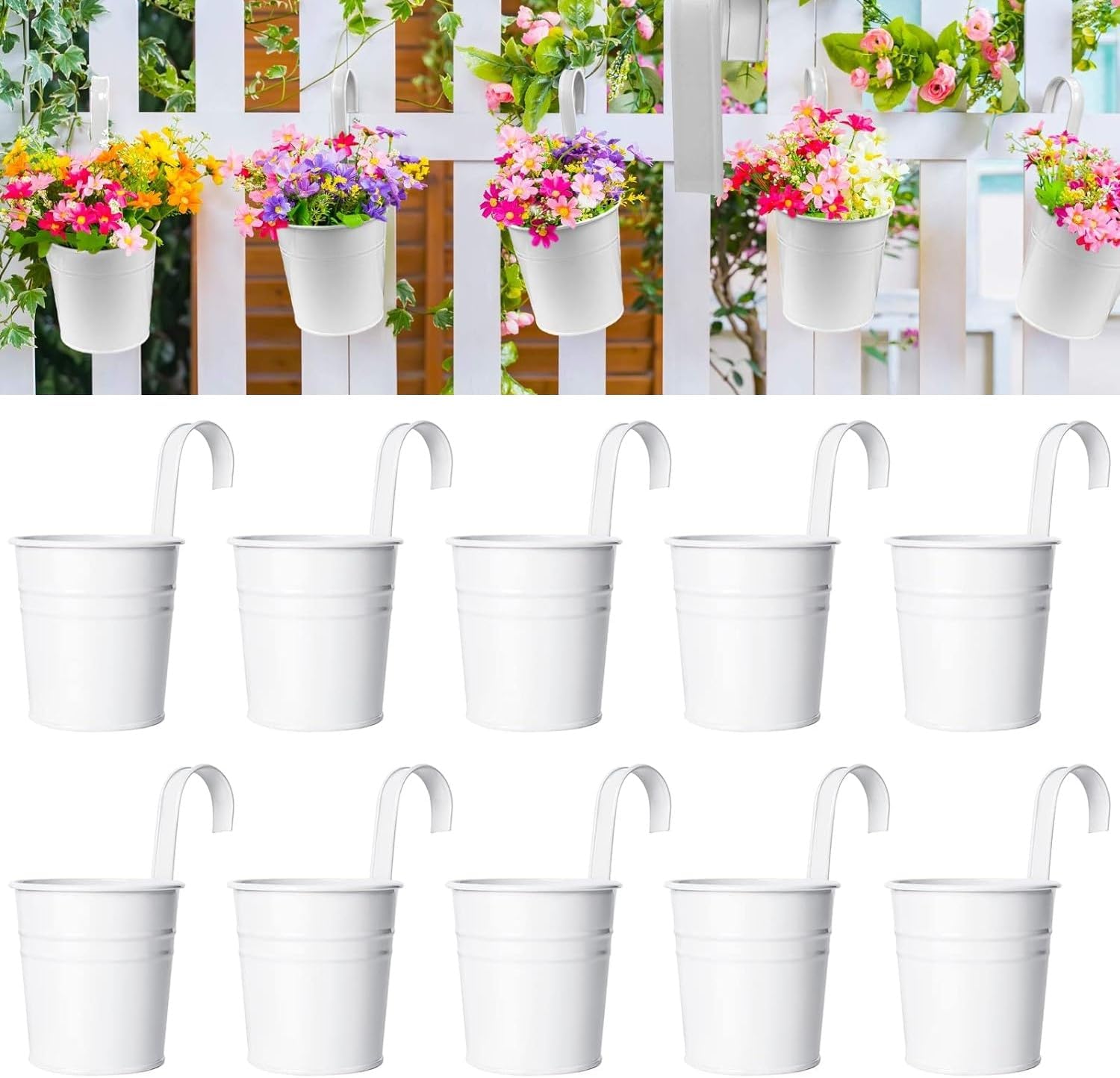 10 Stück Hängende Metallblumentöpfe, 10 Cm Große Weiße Blumentöpfe, Hängeblumenkübel Mit Abnehmbarem Haken Für Geländer, Balkon, Zaun, Garten, Heimdekoration