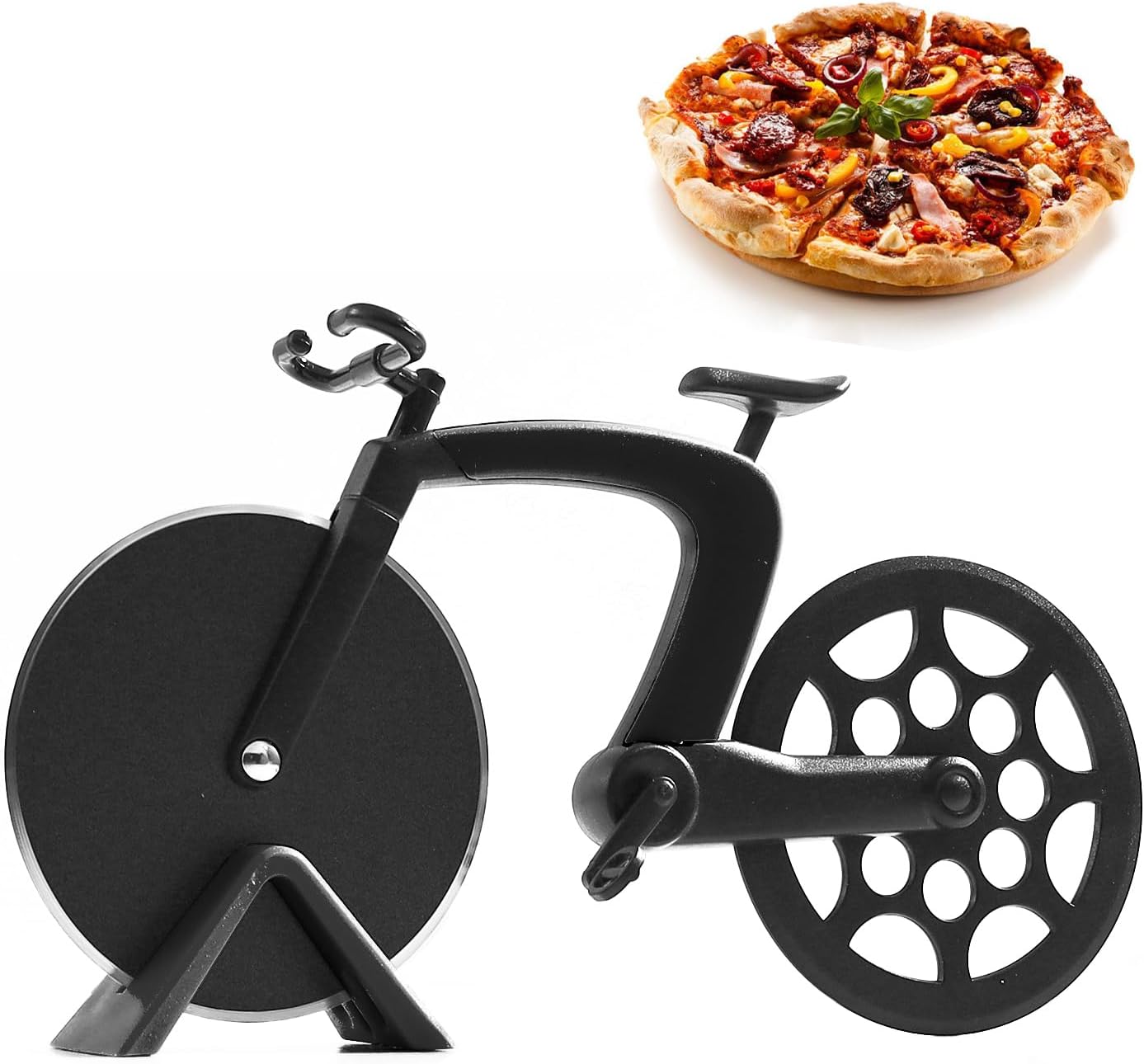 Fahrrad-pizzaschneider, Antihaft-fahrrad-pizzamesser Mit Ständer, Superscharfe Klingen, Geeignet Zum Schneiden Von Pizza, Ideale Dekoration Und Kreatives Geschenk (19 10,3 Cm, Schwarz)