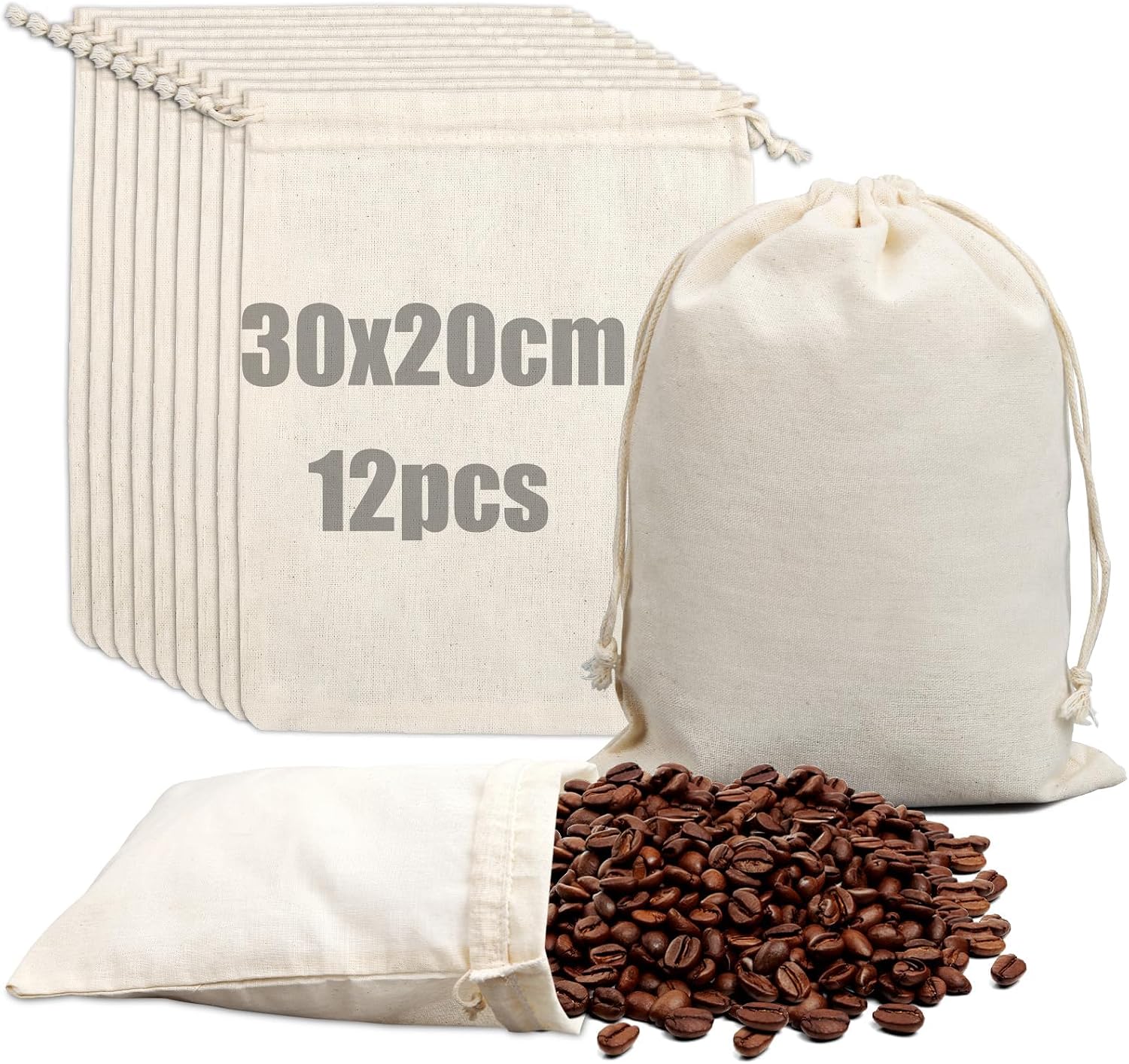 Baumwollbeutel Mit Kordelzug, 30 X 20 Cm – 12 Stück. Stoffbeutel Mit Kordelzug, Kleine Leinen-geschenktüten, Wiederverwendbare Baumwollbeutel, Canvas-beutel Für Diy-projekte, Cafés, Schmuck, Hochzeite