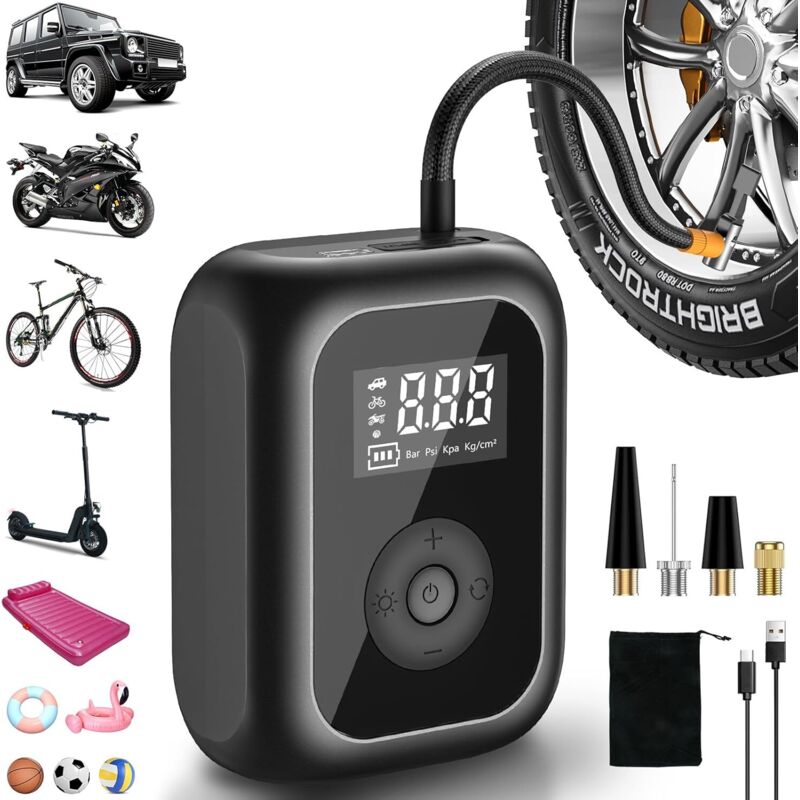 Schrader-luftpumpe, Tragbarer Luftkompressor Mit 2000 Mah, Mini-elektro-luftpumpe 10,3 Bar/150 Psi, Autoreifenfüller Mit Digitalanzeige, Led-licht Und 4 Modi