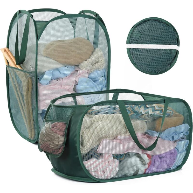 Großer, Faltbarer Wäschekorb (70 L), Wäschenetz Mit Griff Und Seitentasche, Wäschebeutel Für Kleidung Und Spielzeug, Grün