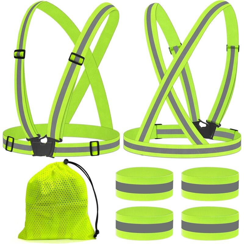 2-teilige Fahrrad-sicherheitsweste + 4-teilige Sicherheitsarmbänder, Verstellbarer Reflektierender Gurt, Fluoreszierende Unisex-weste Zum Laufen, Radfahren Und Motorradfahren
