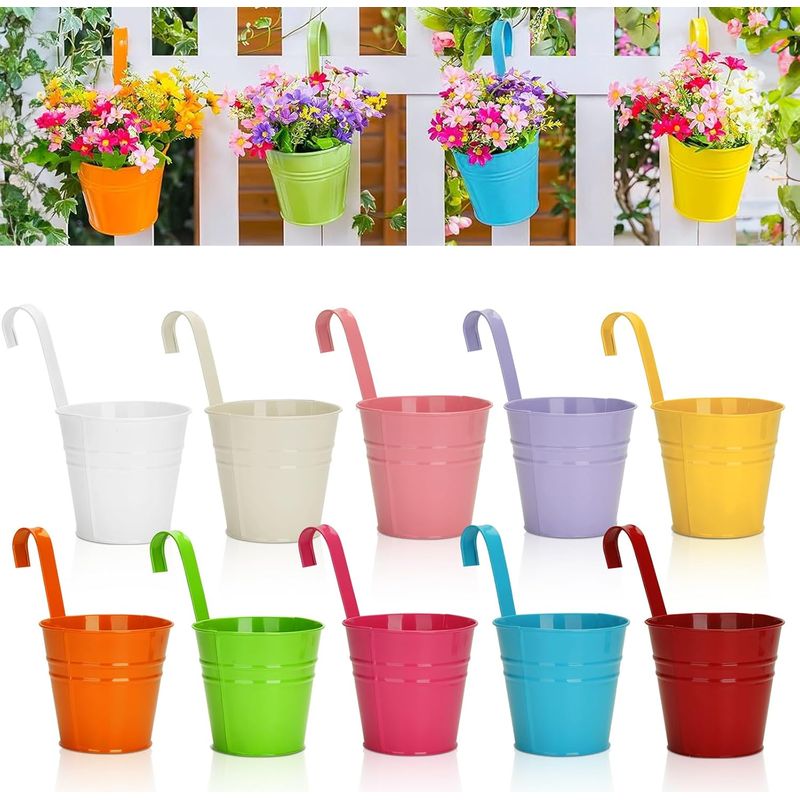 10er-set Hängende Metallblumentöpfe, 10 Cm, Kleine Hängende Metallblumentöpfe Für Den Innen- Und Außenbereich, Z. B. Auf Balkonen Und Zäunen – Mit Abnehmbaren Haken – 10 Farben