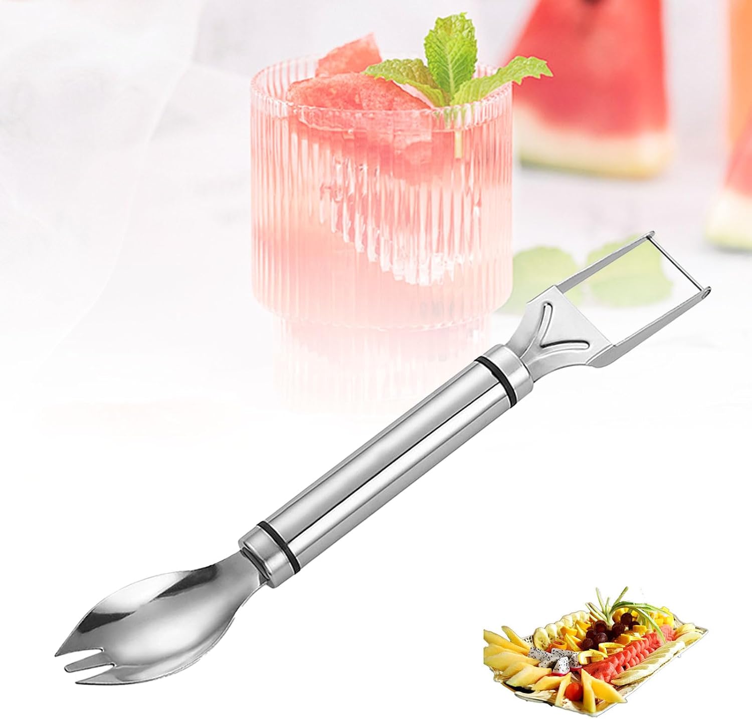2-in-1 Obstschneider Aus Edelstahl, Doppelköpfiger Wassermelonenschneider, Doppelköpfiges Obstschneidemesser Für Zuhause, Partys, Camping, Küchenhelfer (1 Stück)