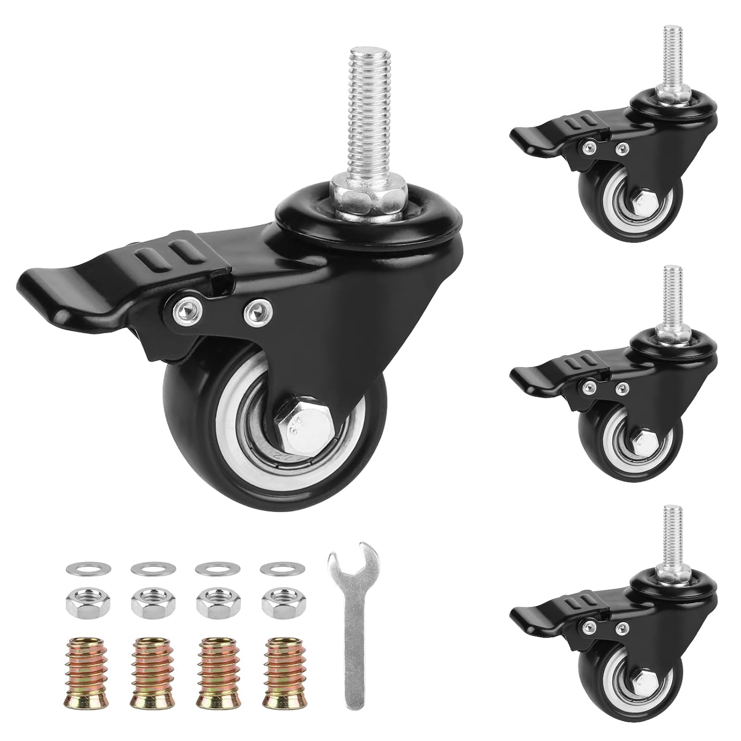 4er-set Lenkrollen Mit Bremse M8×25 Mm, 40-mm-lenkrollen Mit Bremse, Möbelrollen, Gewinderollen, Tragkraft 50 Kg Pro Rolle