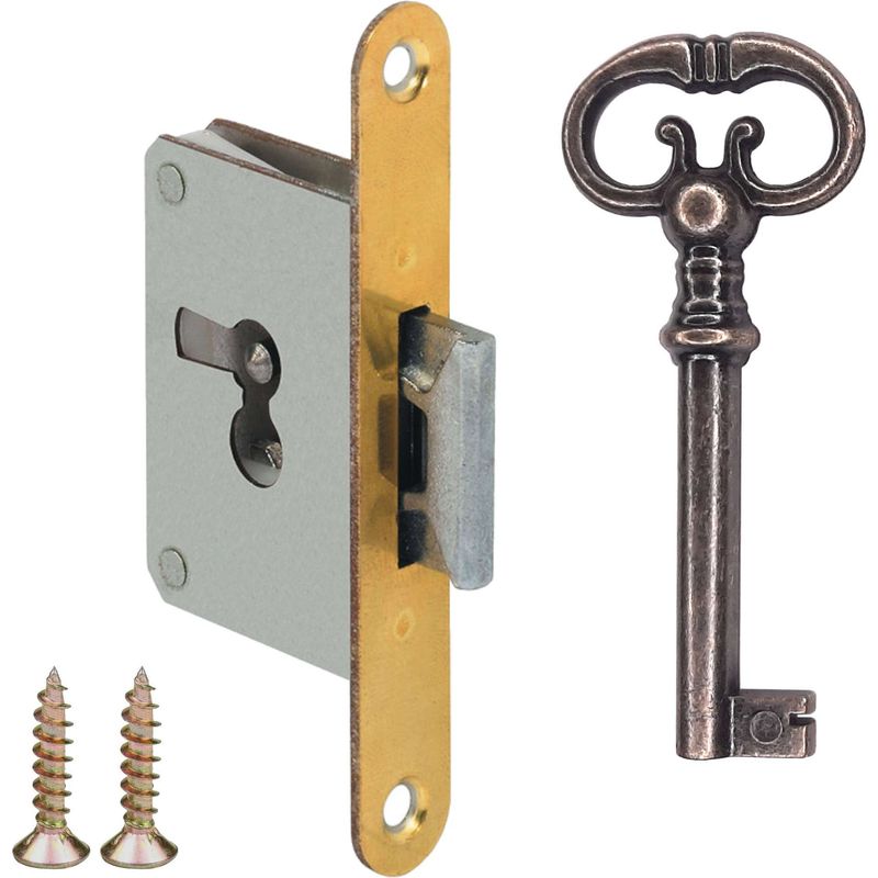 Einsteckschloss Für Antike Möbel – Ersatzschlüssel Inklusive – Breite 44 Mm – Dicke 9 Mm – Tiefe 30 Mm – Frontplatte Nach Oben Gerichtet
