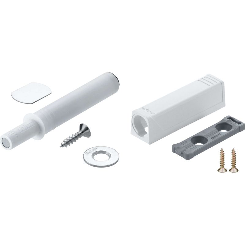 Blum 956.1004 Verstellbarer Magnetischer Türriegel Mit Drucköffnung Und 956.1201 Schraubadapter Mit Schrauben, Kippscharnier, Küchenschrankstopper, Kolbenverschluss, Weißer Kunststoff