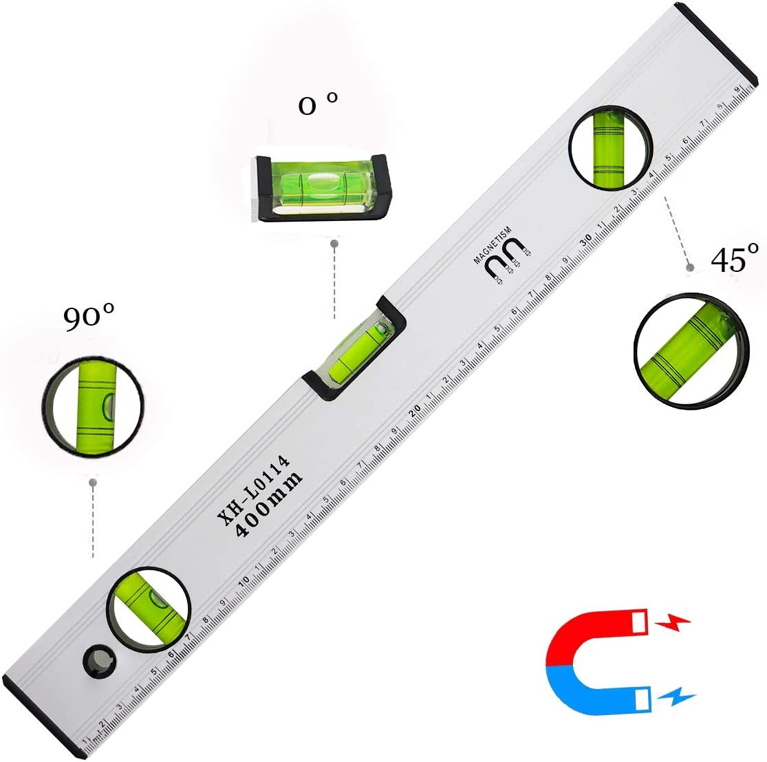 Litzee 40 Cm Blasenniveau, Magnetisches Blasenniveau Mit 3 Gut Sichtbaren Fläschchen Aluminiumgehäuse, Robuste Endkappen Für Horizontale Vertikale Und 45 °, Genauigkeit +/- 0,5 Mm - Integriertes Linea