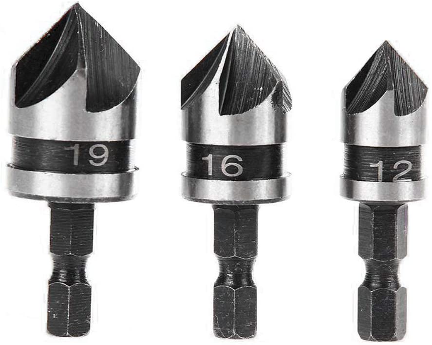 Litzee 3pcs 90 Grad 5 Flötenfasenschneider Set Für Holzbearbeitung Metall Schnellwechsel 1/4 "sechskant Kohlenstoffstahl Fasenbohrer 12/16 / 19mm Holzbearbeitungsfase Schneidwerkzeug
