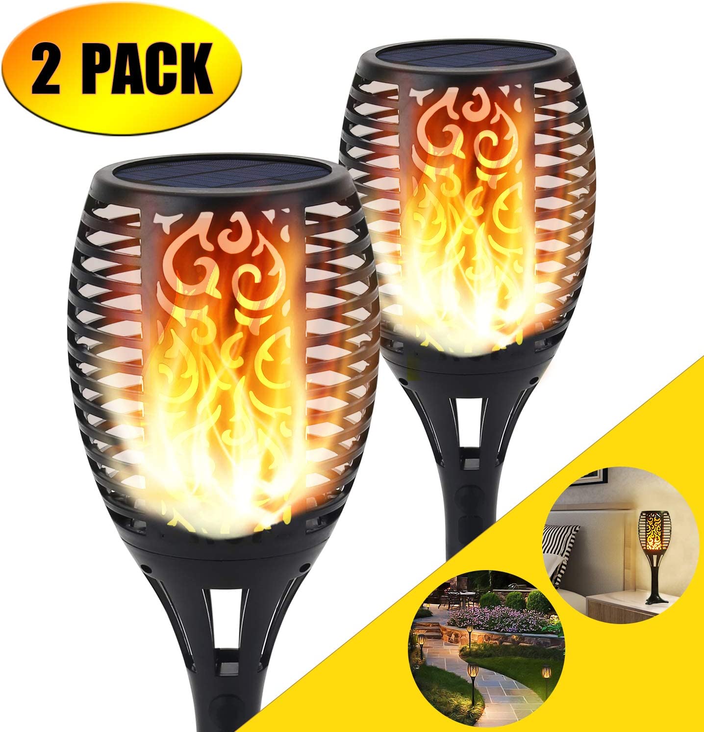 Litzee Solarfackellicht, Flammenlichteffektlampe 96 Led-flammen Flackern Dekorationslichter Gartenwege / Außenhof Realistisches Flimmern, Ip65 Wasserdicht