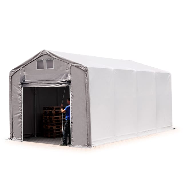 Zelthalle 4x8 m Lagerzelt PRIMEtex 2300 robuste pvc Plane grau 3m Seitenhöhe mit Hochziehtor - Toolport