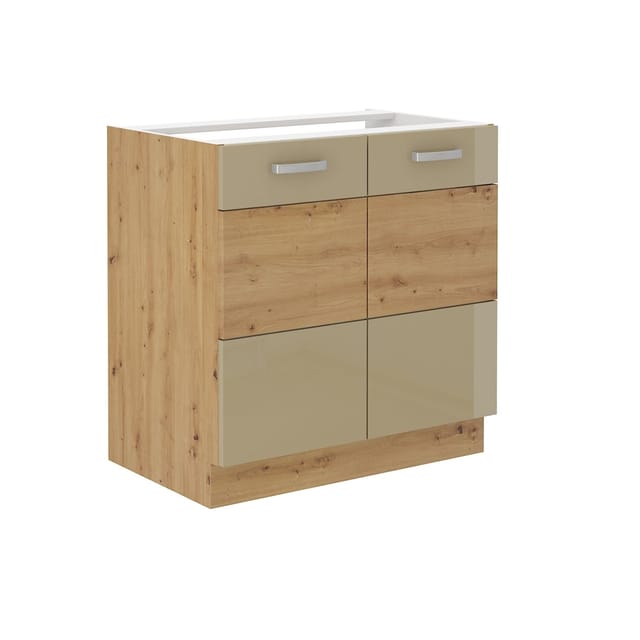 Küchen Preisbombe - Spülenschrank 80 Eiche Artisan + Cappuccino Hochglanz Küchenzeile Küchenblock