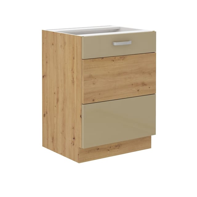 Küchen Preisbombe - Unterschrank 60 cm Eiche Artisan + Cappuccino Hochglanz Küchenzeile Küchenblock